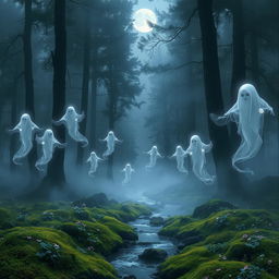 A mystical scene depicting ethereal ghost spirits floating through an ancient, foggy forest