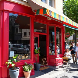 A charming corner cafe with vibrant red walls, large windows, and a cozy outdoor seating area