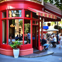A charming corner cafe with vibrant red walls, large windows, and a cozy outdoor seating area
