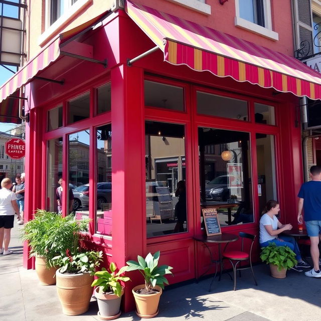 A charming corner cafe with vibrant red walls, large windows, and a cozy outdoor seating area