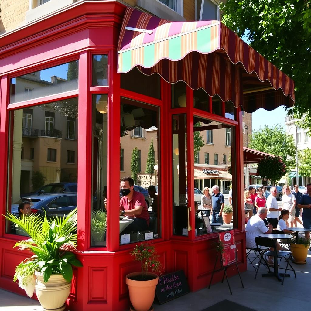 A charming corner cafe with vibrant red walls, large windows, and a cozy outdoor seating area