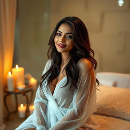 An erotic Indian massage girl dressed in a flowing white transparent dress, glistening with oil, creating a captivating and sensual imagery