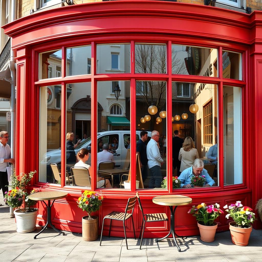 A delightful corner cafe with cherry red walls and large inviting windows, viewed from the outside