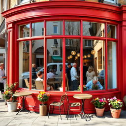 A delightful corner cafe with cherry red walls and large inviting windows, viewed from the outside