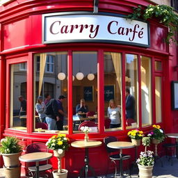 A delightful corner cafe with cherry red walls and large inviting windows, viewed from the outside