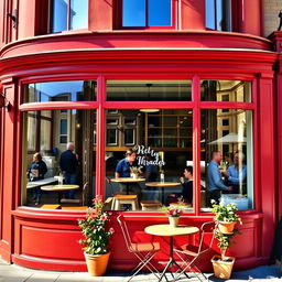 A delightful corner cafe with cherry red walls and large inviting windows, viewed from the outside