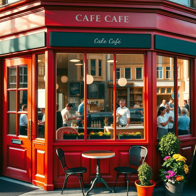 A delightful corner cafe with cherry red walls and large inviting windows, viewed from the outside