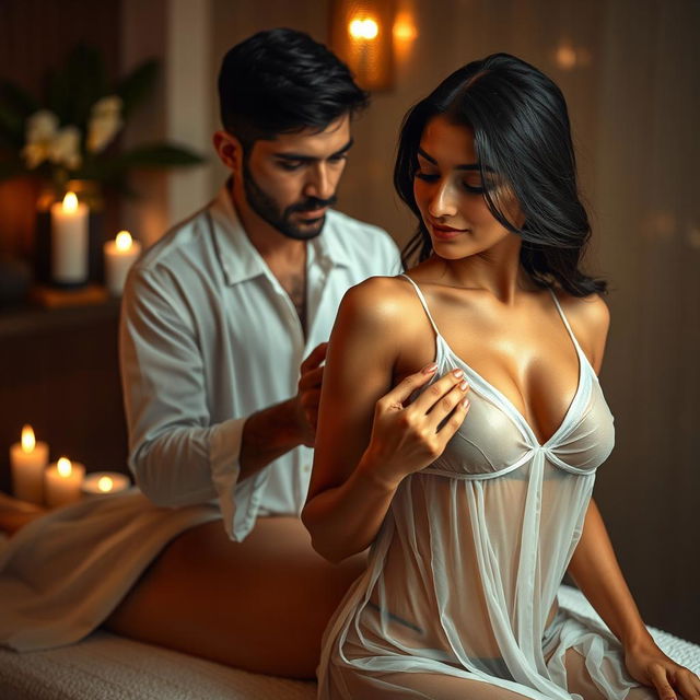 An erotic Indian massage girl dressed in a flowing white transparent dress, glistening with oil, as she gives a sensual massage to a man