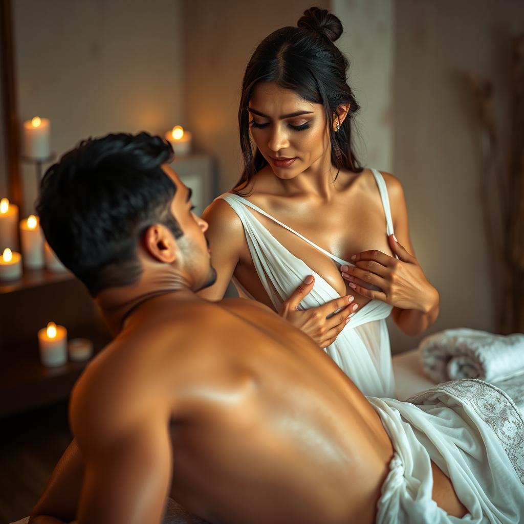 An erotic Indian massage girl dressed in a flowing white transparent dress, glistening with oil, as she gives a sensual massage to a man