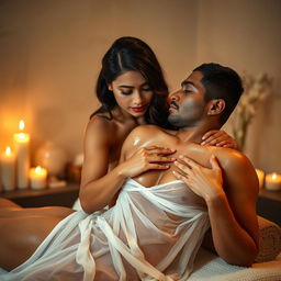 An erotic Indian massage girl dressed in a flowing white transparent dress, glistening with oil, as she gives a sensual massage to a man