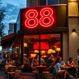 A vibrant cafe featuring a striking red '88' neon sign prominently displayed, illuminating the exterior