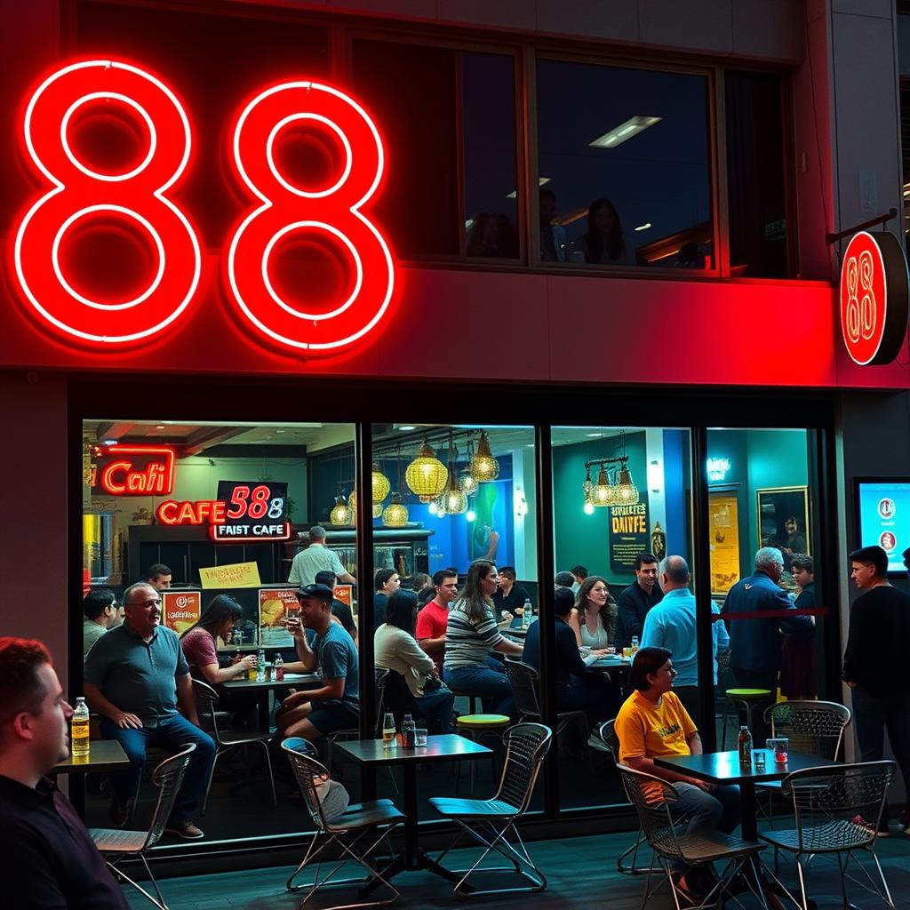 A vibrant cafe featuring a striking red '88' neon sign prominently displayed, illuminating the exterior