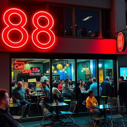 A vibrant cafe featuring a striking red '88' neon sign prominently displayed, illuminating the exterior