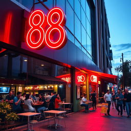 A vibrant cafe featuring a striking red '88' neon sign prominently displayed, illuminating the exterior