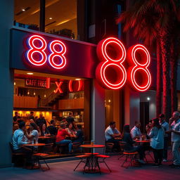 A vibrant cafe featuring a striking red '88' neon sign prominently displayed, illuminating the exterior