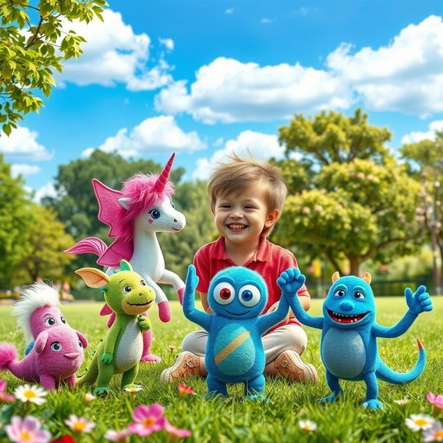 A whimsical scene depicting a child playing with various colorful imaginary friends in a vibrant park