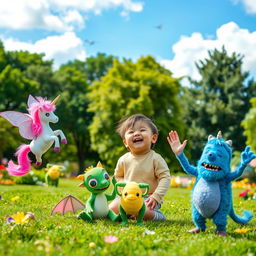 A whimsical scene depicting a child playing with various colorful imaginary friends in a vibrant park