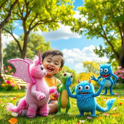 A whimsical scene depicting a child playing with various colorful imaginary friends in a vibrant park