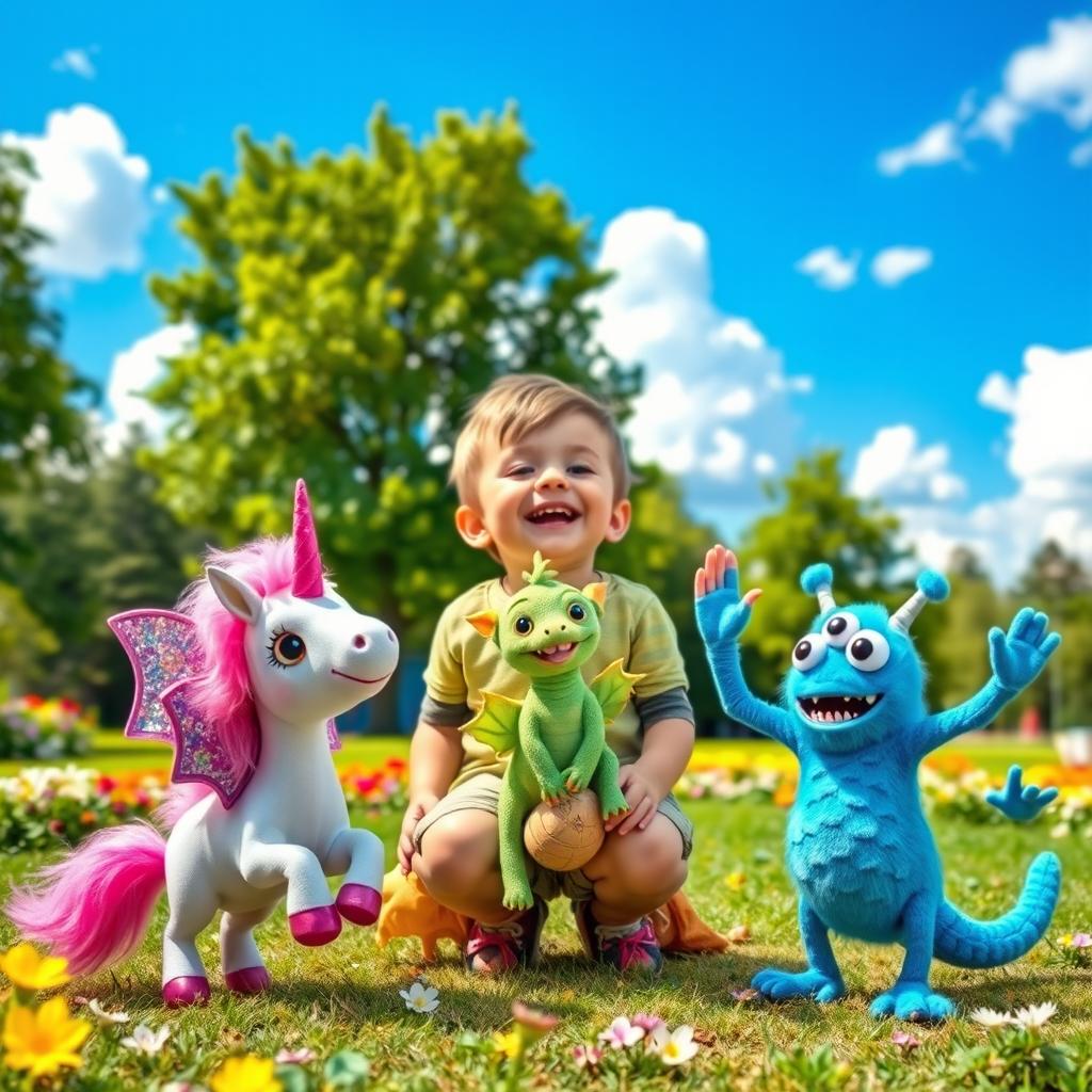 A whimsical scene depicting a child playing with various colorful imaginary friends in a vibrant park