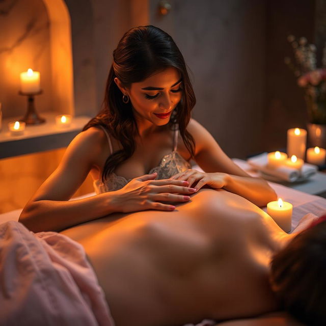 An erotic Indian massage girl in a delicate white transparent dress, shimmering with oil, as she gives a sensual massage to a man lying on his back