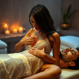 An erotic Indian massage girl in a delicate white transparent dress, shimmering with oil, as she gives a sensual massage to a man lying on his back