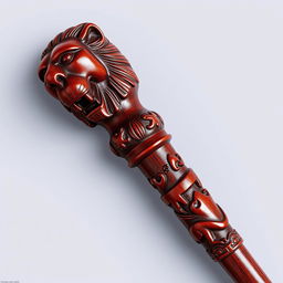 A maroon-colored wooden cane beautifully carved with intricate animal shapes throughout