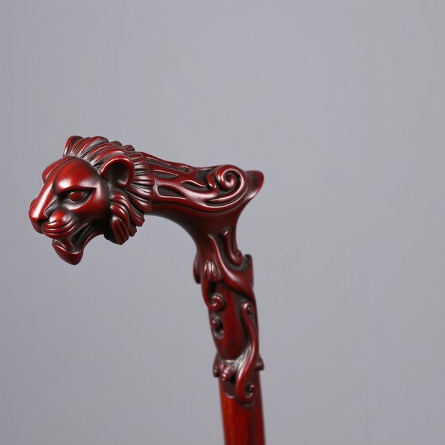 A maroon-colored wooden cane beautifully carved with intricate animal shapes throughout