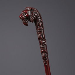 A maroon-colored wooden cane beautifully carved with intricate animal shapes throughout