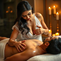An erotic Indian massage girl in a stunning white transparent dress, glistening with oil, as she gives a sensual massage to a man lying on his back