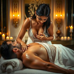 An erotic Indian massage girl in a stunning white transparent dress, glistening with oil, as she gives a sensual massage to a man lying on his back