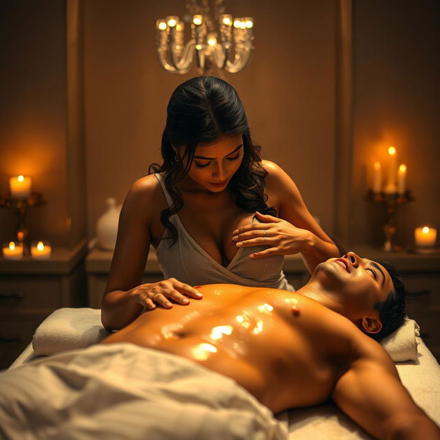 An erotic Indian massage girl in a stunning white transparent dress, glistening with oil, as she gives a sensual massage to a man lying on his back