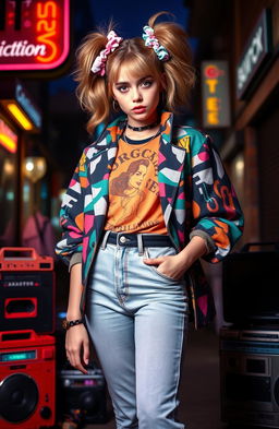 A mysterious girl dressed in 80s fashion, showcasing a unique style that embodies the essence of the decade