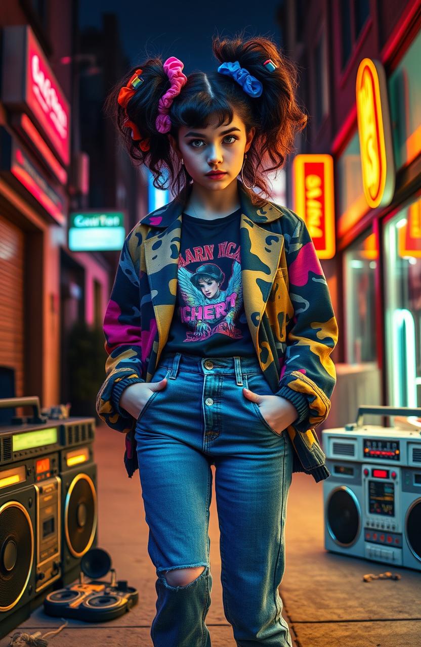 A mysterious girl dressed in 80s fashion, showcasing a unique style that embodies the essence of the decade