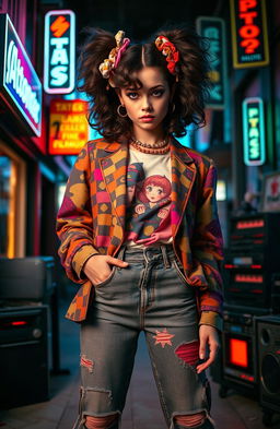 A mysterious girl dressed in 80s fashion, showcasing a unique style that embodies the essence of the decade
