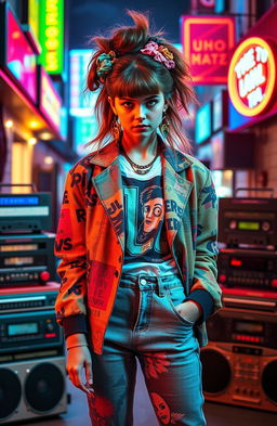 A mysterious girl dressed in 80s fashion, showcasing a unique style that embodies the essence of the decade