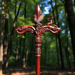 A beautifully crafted maroon-colored wooden staff, featuring intricate carvings at each point representing various animals