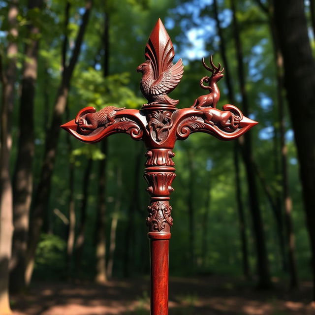 A beautifully crafted maroon-colored wooden staff, featuring intricate carvings at each point representing various animals