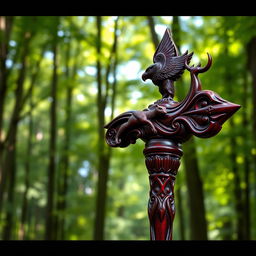 A beautifully crafted maroon-colored wooden staff, featuring intricate carvings at each point representing various animals