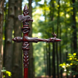 A beautifully crafted maroon-colored wooden staff, featuring intricate carvings at each point representing various animals