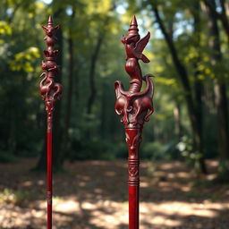 A beautifully crafted maroon-colored wooden staff, featuring intricate carvings at each point representing various animals