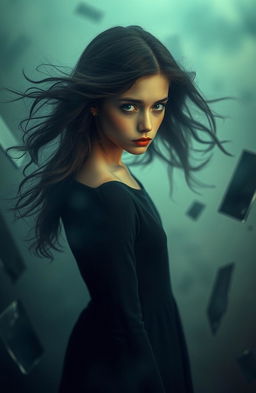 A mysterious girl in the 1960s with flowing hair, wearing a vintage style mod dress, standing in a foggy setting surrounded by abstract pieces of broken mirrors that reflect her enigmatic expression