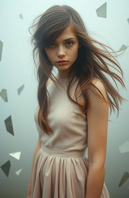 A mysterious girl in the 1960s with flowing hair, wearing a vintage style mod dress, standing in a foggy setting surrounded by abstract pieces of broken mirrors that reflect her enigmatic expression