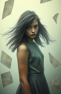 A mysterious girl in the 1960s with flowing hair, wearing a vintage style mod dress, standing in a foggy setting surrounded by abstract pieces of broken mirrors that reflect her enigmatic expression