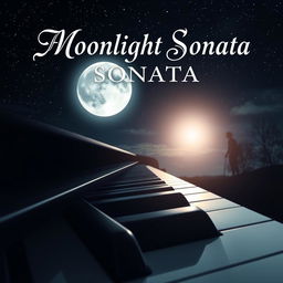 A captivating book cover design for 'Moonlight Sonata' by Wolfgang Nacht, featuring a dramatic full moon shining brightly in a starry night sky
