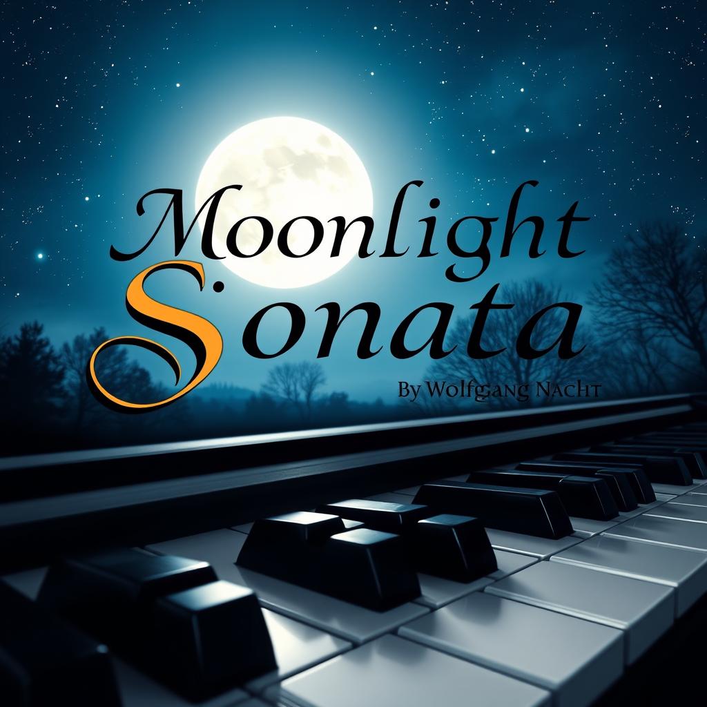 A captivating book cover design for 'Moonlight Sonata' by Wolfgang Nacht, featuring a dramatic full moon shining brightly in a starry night sky