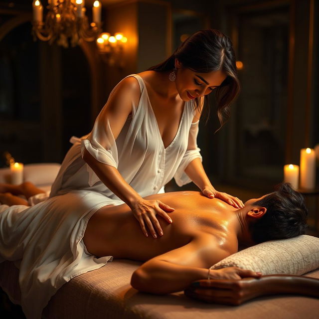 An erotic Indian massage girl in a flowing white transparent dress, glistening with oil, giving a sensual massage to a man lying on his back