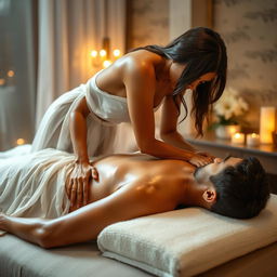 An erotic Indian massage girl in a flowing white transparent dress, glistening with oil, giving a sensual massage to a man lying on his back