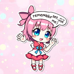 A cute anime girl with vibrant pink hair and large sparkling blue eyes, wearing a bright and cheerful outfit, standing against a colorful background filled with stars and pastel colors