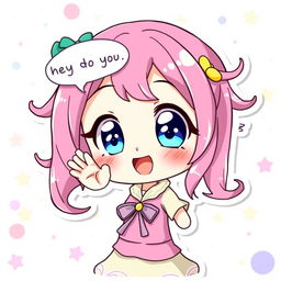 A cute anime girl with vibrant pink hair and large sparkling blue eyes, wearing a bright and cheerful outfit, standing against a colorful background filled with stars and pastel colors