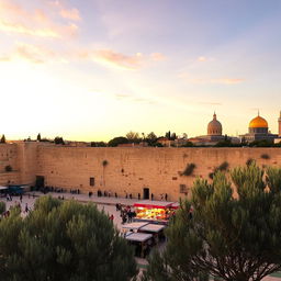 A beautiful view of Jerusalem at sunset, showcasing the iconic Western Wall, with ancient stones glistening in the warm golden light